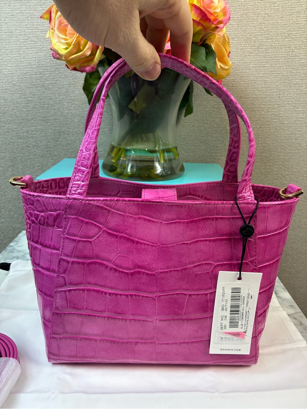 Brahmin Pink Alba Croc Embossed Small Mona Crossbody Bag - NWT  $295 Retail - Picture 5 of 9